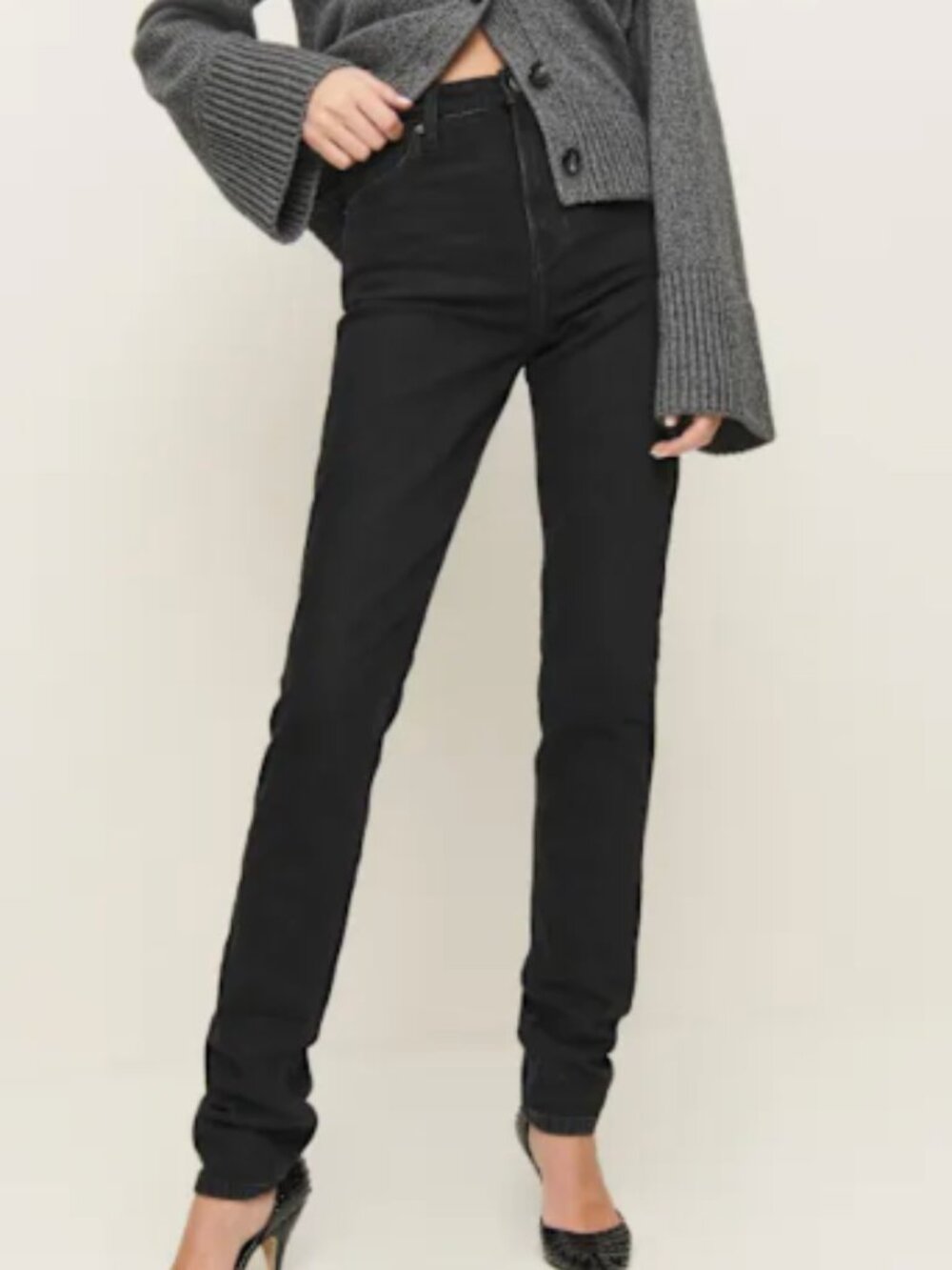 Reformation Etta Stretch High Rise Stacked Slim Jeans Black - Size 25